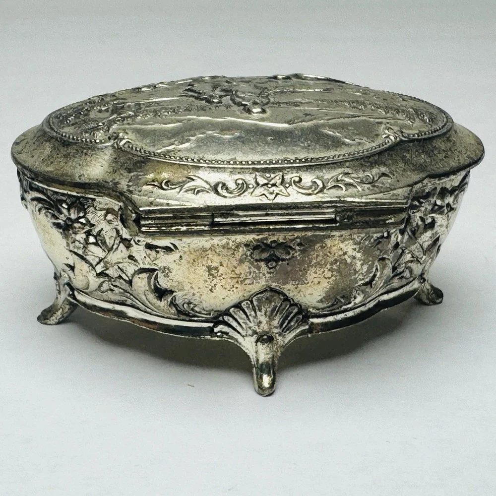 VTG Silver Metal Trinket Or‎ Jewelry Box Lined W/ Red Velvet And An Embossed Top